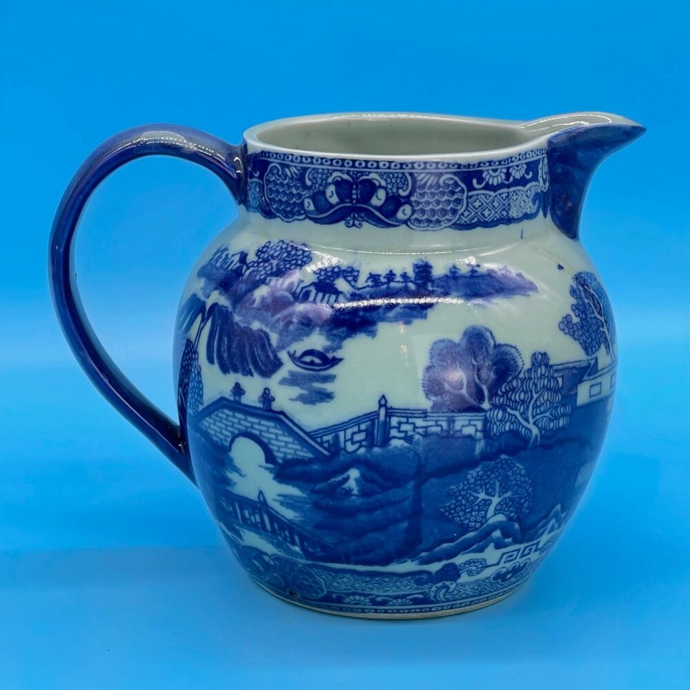 Vtg Victoria Ware Ironstone Pitcher Jug Flow Blue Transfer Ware Asian Village - Picture 6 of 11